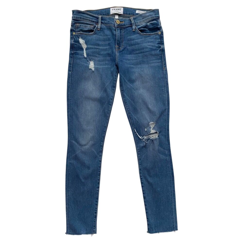 FRAME Denim Le Skinny De Jeanne Jeans Distressed Raw Hem Ankle Length Size 26